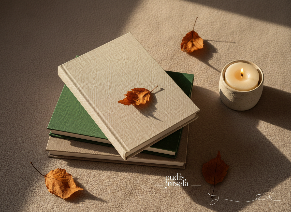 Editorial flat lay of a stack of hardcover books with linen covers on a soft taupe surface, dried autumn leaves and a candle nearby, warm natural light, refined literary magazine styling, cream and forest green palette