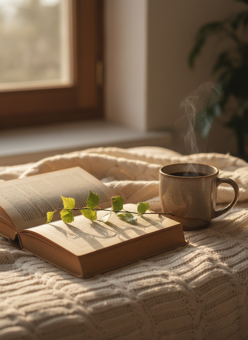Intimate warm still life of an open dog-eared book on a knitted cream blanket beside a mug of coffee and a sprig of birch leaves in soft morning light